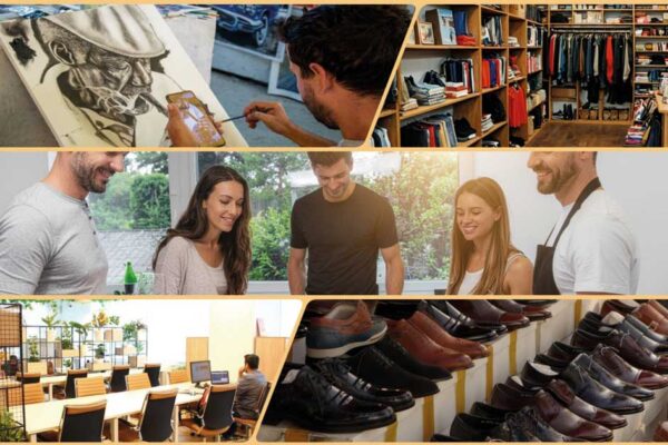 Collage de cinco ideas de negocio en Beniaján: zapatería low cost, trasteros self-storage, coworking local, club gastronómico con cocina compartida y tienda resale con talleres y galería de arte
