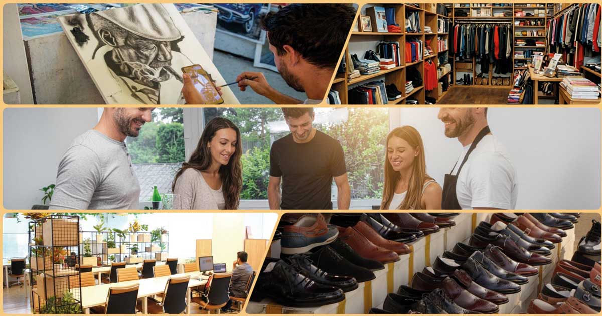 Collage de cinco ideas de negocio en Beniaján: zapatería low cost, trasteros self-storage, coworking local, club gastronómico con cocina compartida y tienda resale con talleres y galería de arte