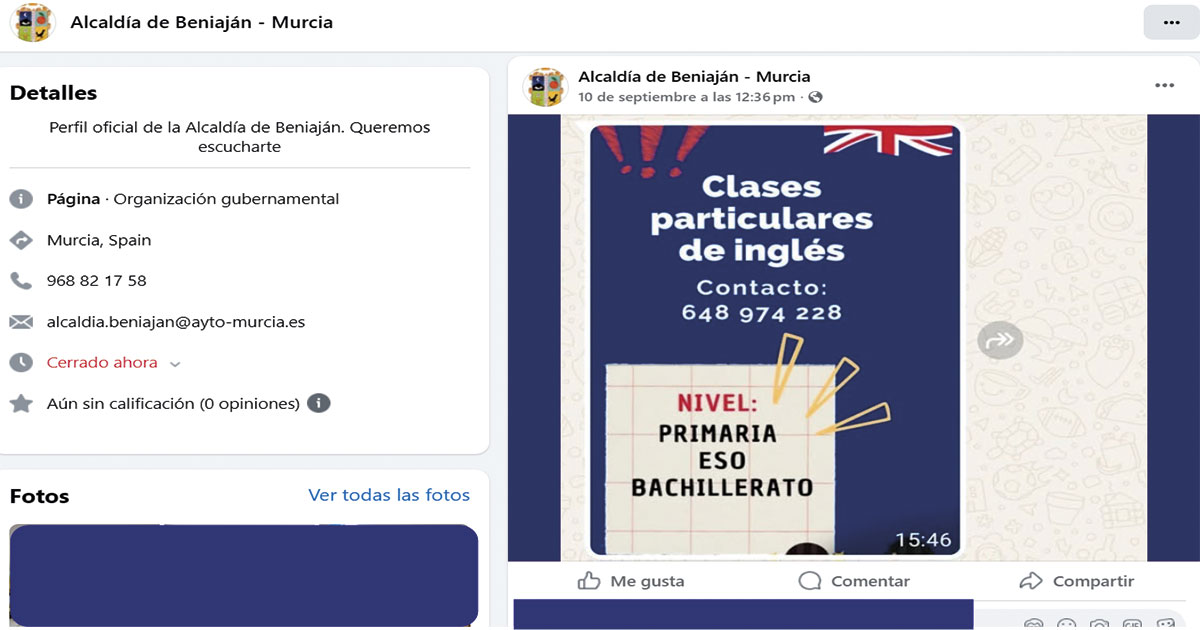 Perfil oficial de Facebook de la pedanía de Beniaján con publicidad de negocio privado