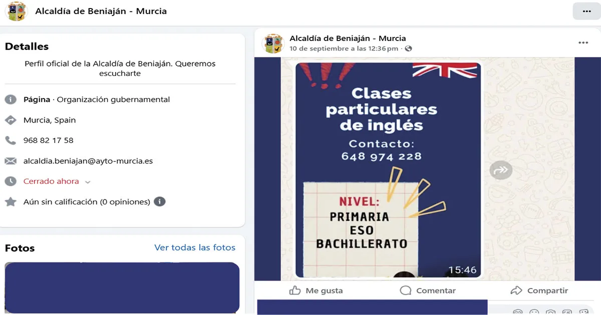 Perfil oficial de Facebook de la pedanía de Beniaján con publicidad de negocio privado
