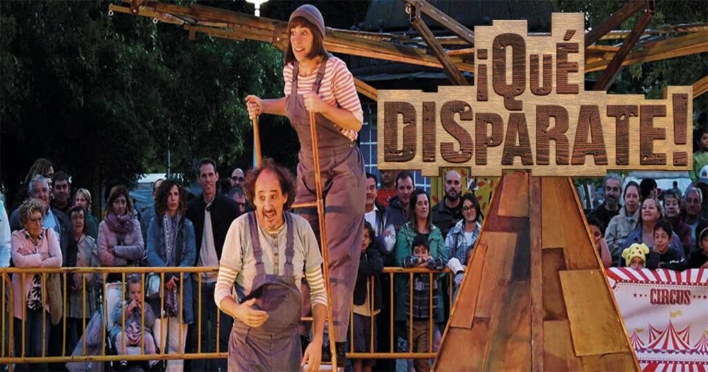 Cartel del espectáculo «Que disparate», con dos payasos y elementos de circo, que se presentará en Beniaján el 5 de octubre a las 12 en el Centro Cultural.