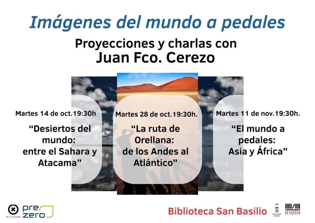Cartel oficial de la campaña «Recicleta» del Ayuntamiento de Murcia, anunciando las proyecciones y charlas «Imágenes del mundo a pedales» con Juan Francisco Cerezo.