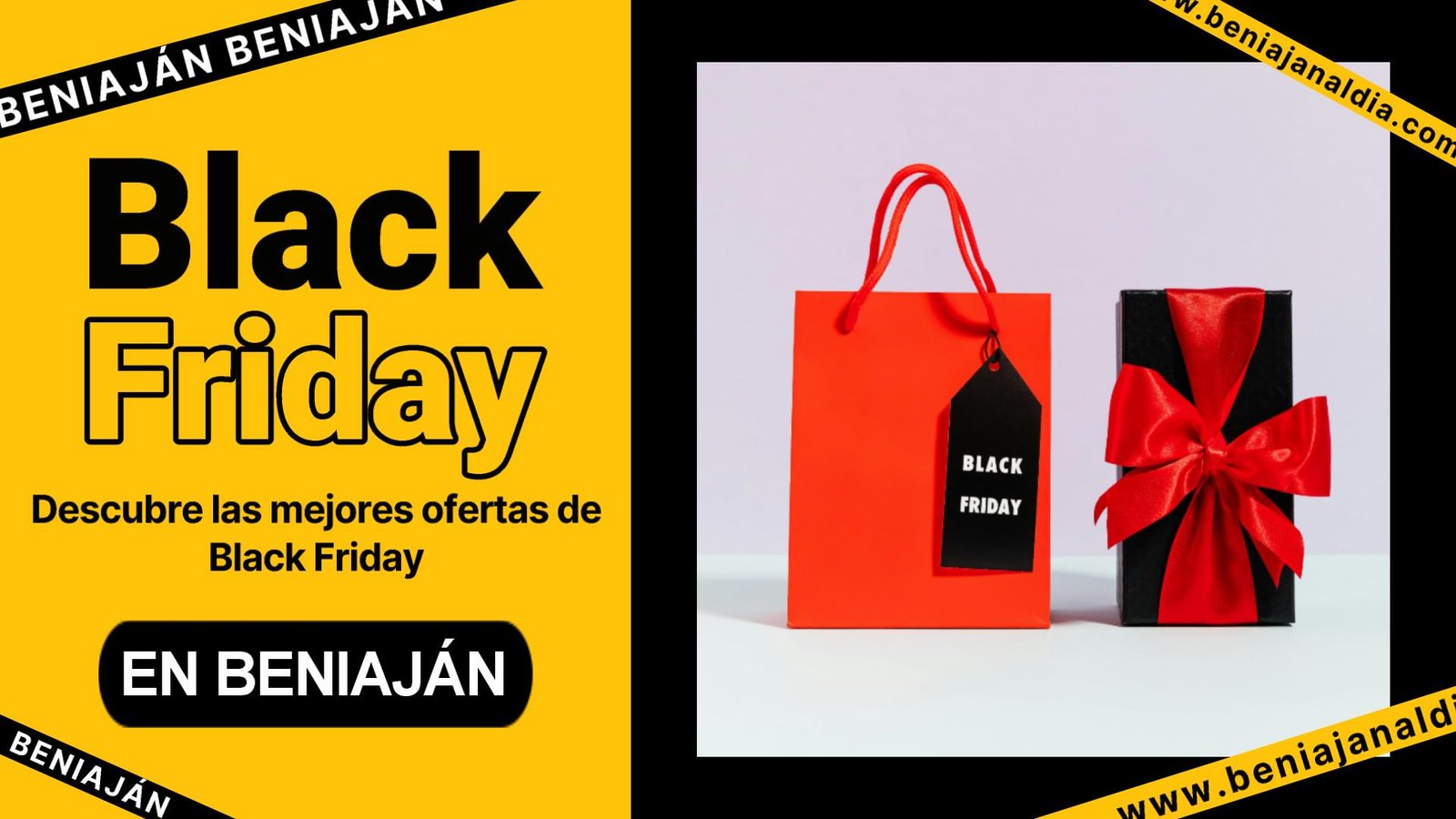 Cartel de Black Friday con bolsa de compra y caja de regalo. La imagen promociona ofertas en el comercio de proximidad de Beniaján.