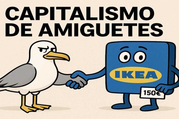 Caricatura política que muestra una gaviota con los colores del PP dándole la mano a un símbolo de IKEA, que sostiene un pequeño cheque de 150 euros. Sobre la imagen aparece el texto «Capitalismo de amiguetes».