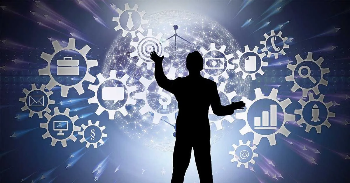 Silueta de empresario de Beniaján interactuando con interfaz de inteligencia artificial y engranajes digitales, simbolizando la transformación digital y la optimización de negocios en Murcia.