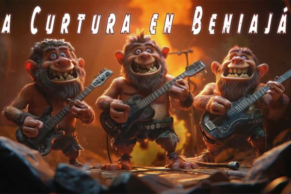 Caricatura de tres trogloditas tocando la guitarra en un escenario con la frase ‘¿La curtura en Beniaján?’ arriba, en tono satírico y grotesco”
