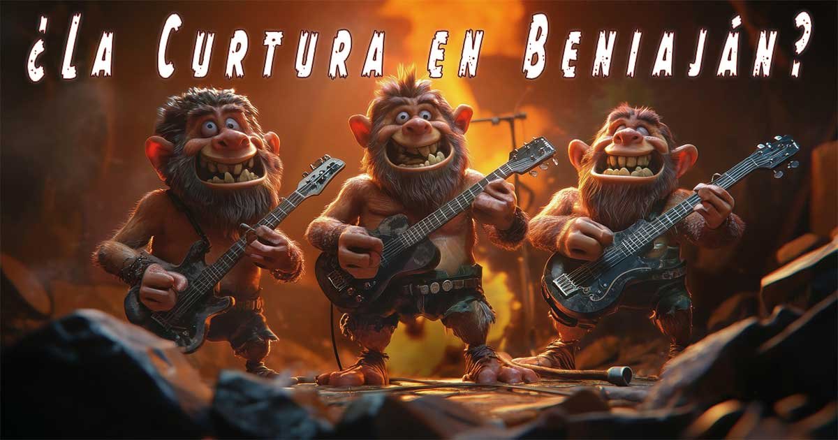 Caricatura de tres trogloditas tocando la guitarra en un escenario con la frase ‘¿La curtura en Beniaján?’ arriba, en tono satírico y grotesco”