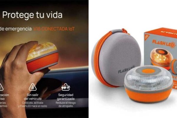 Montaje gráfico de una baliza V16 homologada, mostrando el dispositivo en primer plano y sus características clave (luz de emergencia, conectividad DGT 3.0, base magnética) con textos explicativos.