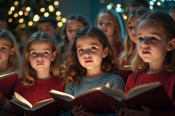 Imagen ilustrativa del concurso Murcia Xmas Fest. Muestra un coro de niños con libretos, representando a los participantes que cantarán villancicos navideños en el certamen del Ayuntamiento de Murcia y El Corte Inglés.