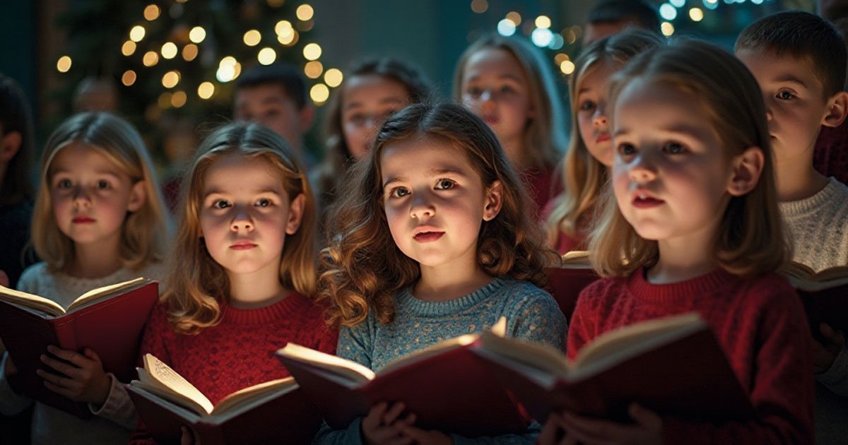 Imagen ilustrativa del concurso Murcia Xmas Fest. Muestra un coro de niños con libretos, representando a los participantes que cantarán villancicos navideños en el certamen del Ayuntamiento de Murcia y El Corte Inglés.