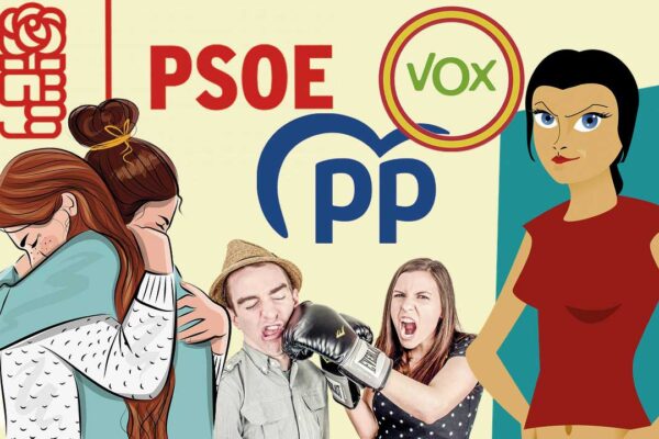 Fotomontaje de una mujer empoderada en el centro propinando un golpe simbólico a un hombre, con el logo del PP junto a ella; en la esquina superior, dos mujeres abrazándose junto al logo del PSOE; el logo de VOX al lado de la mujer empoderada. Representa el debate y enfrentamiento político sobre la violencia machista en el pleno de Beniaján.