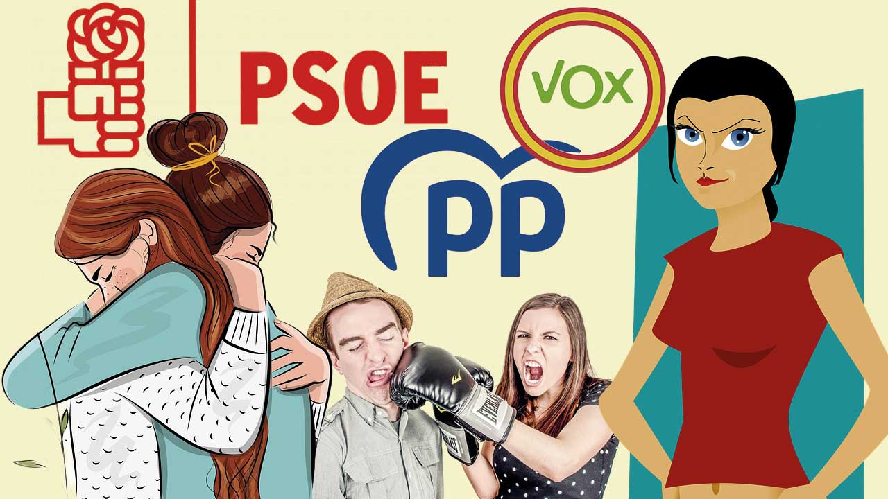 Fotomontaje de una mujer empoderada en el centro propinando un golpe simbólico a un hombre, con el logo del PP junto a ella; en la esquina superior, dos mujeres abrazándose junto al logo del PSOE; el logo de VOX al lado de la mujer empoderada. Representa el debate y enfrentamiento político sobre la violencia machista en el pleno de Beniaján.