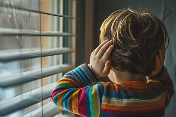 Niño de espaldas con manos en las orejas frente a una ventana, protegiéndose del ruido en Beniaján. La contaminación acústica afecta la salud infantil en las pedanías de Murcia.