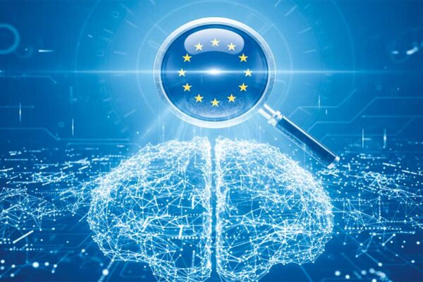 Ilustración de un cerebro digital con red neuronal supervisado por una lupa con las estrellas de la bandera de la Unión Europea, representando el canal de denuncias del AI Act y la vigilancia de la inteligencia artificial en Europa.