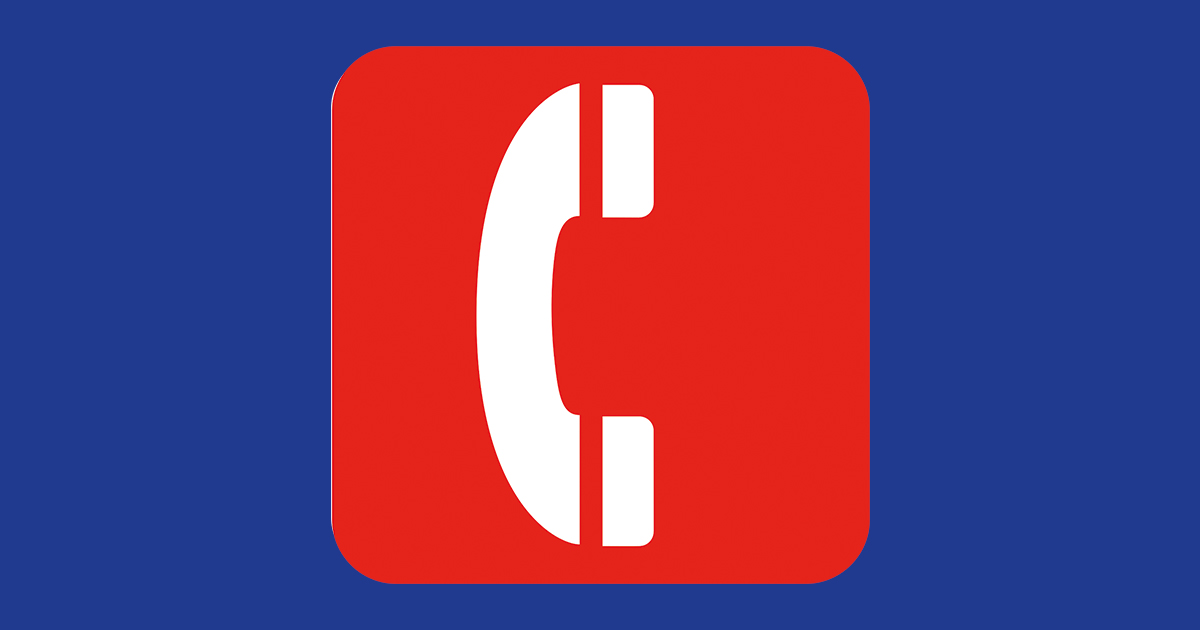 Icono de teléfono blanco sobre círculo rojo y fondo azul, representando la guía oficial de teléfonos de interés y servicios de emergencia de Beniaján.