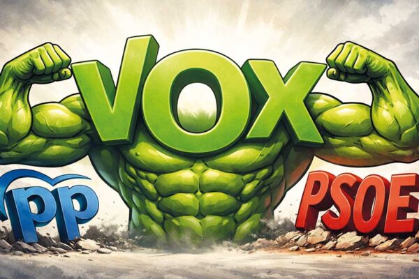 Ilustración política mostrando el logo de VOX hipermusculado en el centro, con brazos que presionan las letras del PP y PSOE, representando la fuerza creciente de VOX frente a los partidos tradicionales en Murcia.