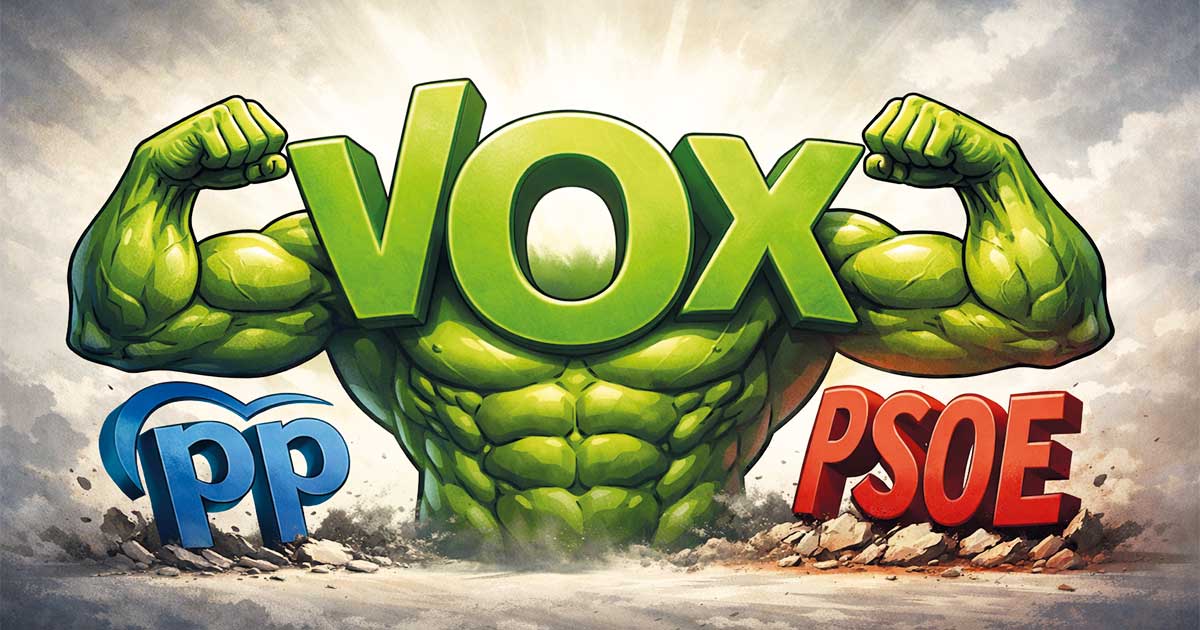 Ilustración política mostrando el logo de VOX hipermusculado en el centro, con brazos que presionan las letras del PP y PSOE, representando la fuerza creciente de VOX frente a los partidos tradicionales en Murcia.