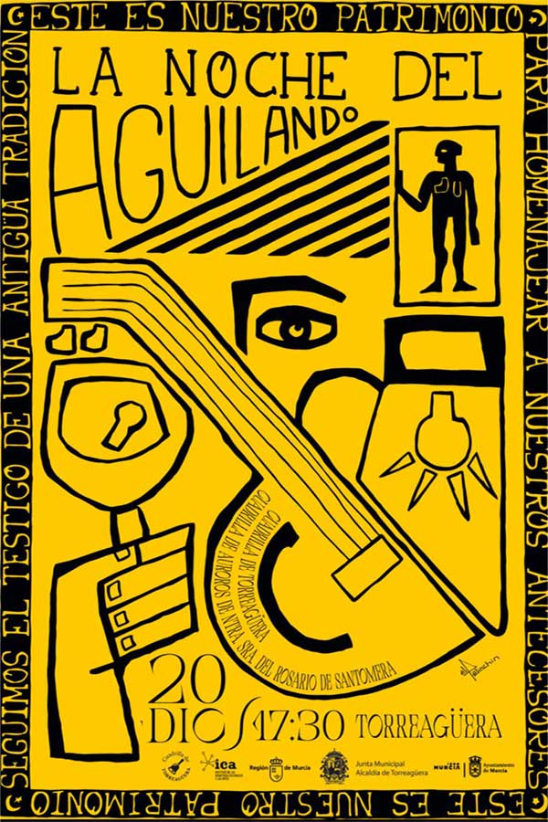 Cartel ilustrado de la Noche del Aguilando en Torreagüera, creado por El Pelinchin con trazos coloridos inspirados en el estilo de José María Párraga.