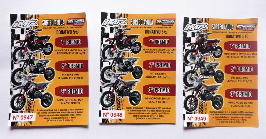 Tres papeletas que se sortean entre los lectores de Beniaján al Día para participar en el sorteo oficial de Motocross Torreagüera