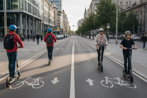 Usuarios de patinetes eléctricos circulando por un carril bici de doble dirección en ciudad, reflejando las nuevas multas y regulación de la DGT