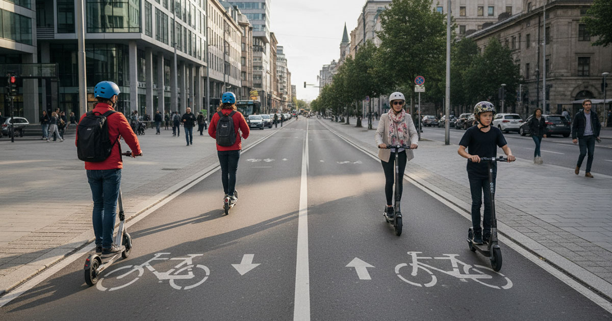 Usuarios de patinetes eléctricos circulando por un carril bici de doble dirección en ciudad, reflejando las nuevas multas y regulación de la DGT