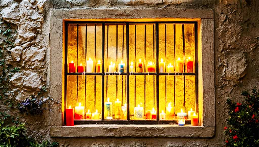 Ventana iluminada con velas durante la edición de Beniaján en Vela 2026 en el casco antiguo de Beniaján, Región de Murcia