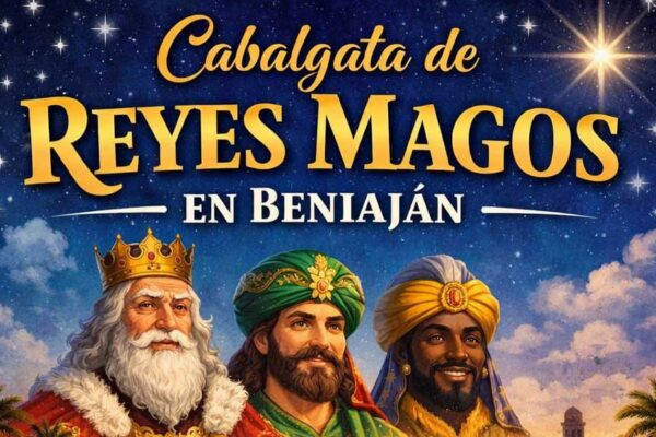 Cartel de la cabalgata de Reyes Magos 2026 en Beniaján, con ilustración de los tres Reyes Magos y figuras animadas en movimiento.