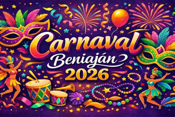 Cartel colorido del Carnaval de Beniaján 2026 con máscaras, comparsas, confeti y músicos, mostrando la fecha y el nombre del evento de manera clara y legible.