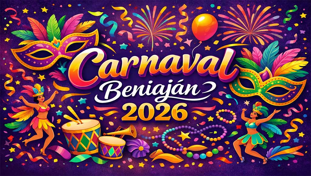 Cartel colorido del Carnaval de Beniaján 2026 con máscaras, comparsas, confeti y músicos, mostrando la fecha y el nombre del evento de manera clara y legible.