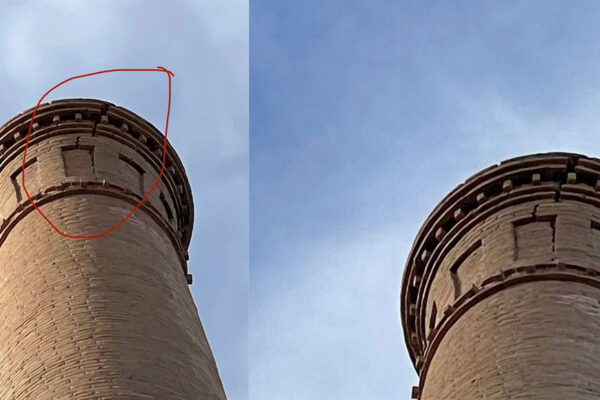 Chimenea histórica de la fábrica de licores Barceló en Algezares, con cúpula marcada en rojo mostrando una gran grieta.