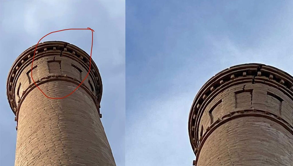 Chimenea histórica de la fábrica de licores Barceló en Algezares, con cúpula marcada en rojo mostrando una gran grieta.