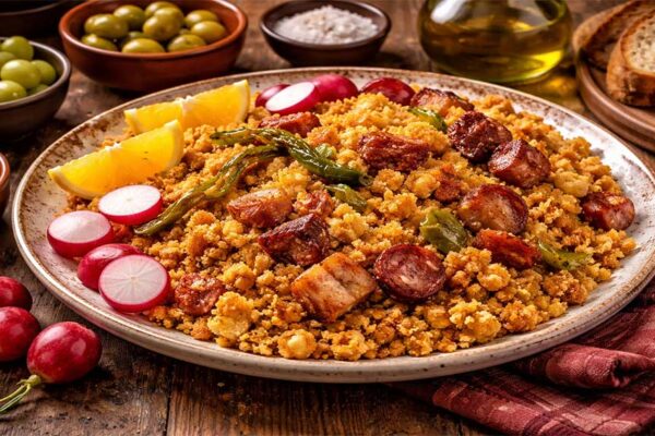 Plato de migas murcianas con panceta, longaniza y pimientos, preparado según la tradición en San Antón en El Bojar, Beniaján