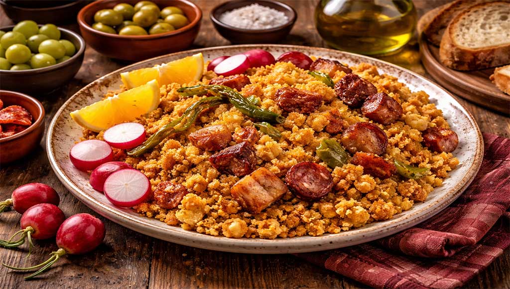 Plato de migas murcianas con panceta, longaniza y pimientos, preparado según la tradición en San Antón en El Bojar, Beniaján