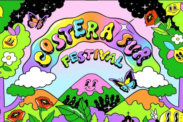 Cartel oficial Costera Sur Festival 2026 ilustrado por Isa Muguruza. Detalle vibrante y psicodélico con tipografía colorida, montañas y elementos surrealistas para el festival de música independiente gratuito en Los Garres, Murcia, 17-18 abril.