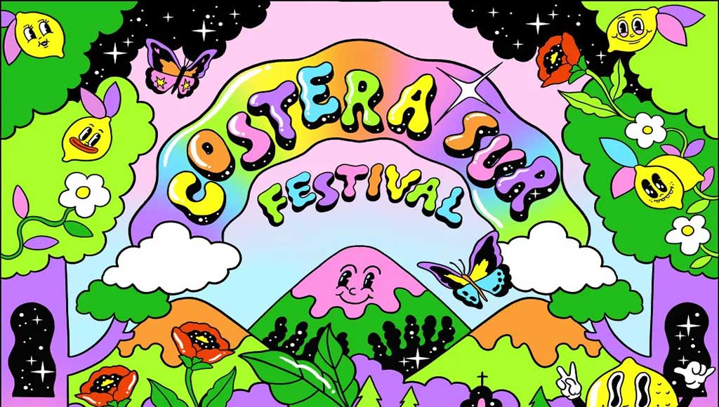 Cartel oficial Costera Sur Festival 2026 ilustrado por Isa Muguruza. Detalle vibrante y psicodélico con tipografía colorida, montañas y elementos surrealistas para el festival de música independiente gratuito en Los Garres, Murcia, 17-18 abril.