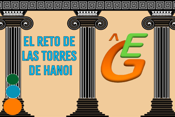 Imagen didáctica del reto de las Torres de Hanoi con tres torres y el logo de la academia Gustar Estudiar, propuesta de ocio y bienestar mental en Beniaján al Día.