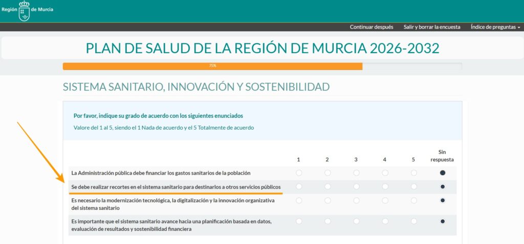 Captura de pantalla de la encuesta del Plan de Salud 2026-2032 del portal participa.carm.es, donde se pregunta si se deben realizar recortes en el sistema sanitario.