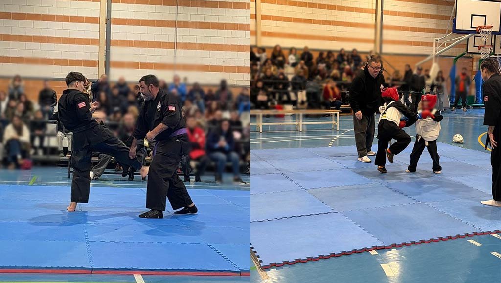 Collage de la exhibición de Kajukenbo Murcia en Torreagüera mostrando a adultos realizando técnicas de defensa personal y a niños en categorías de Kata infantil.