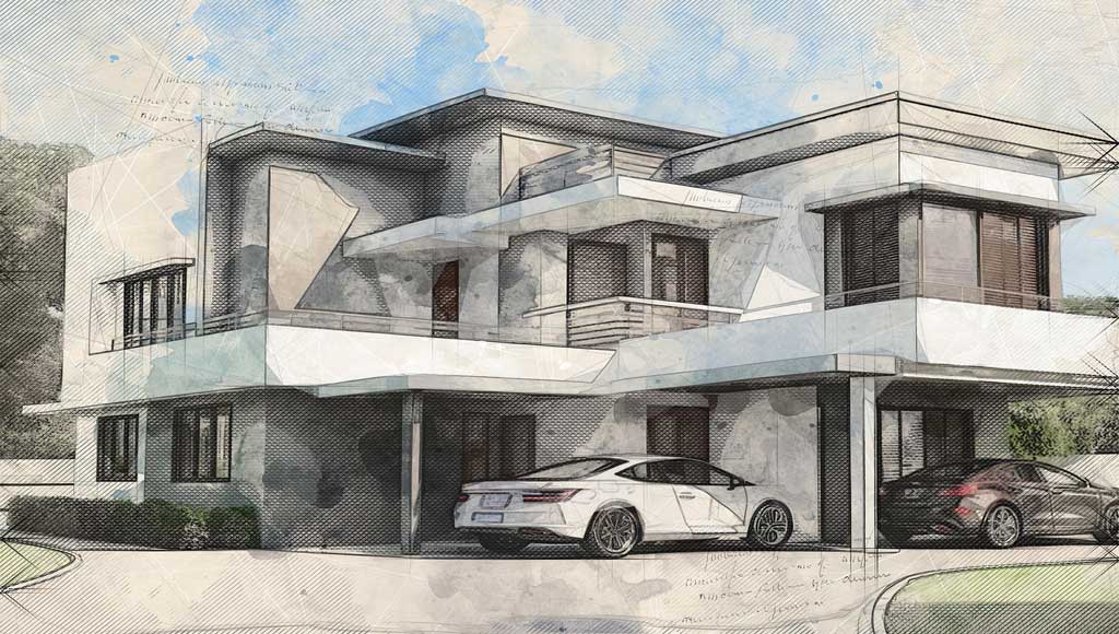 Imagen estilo acuarela de una vivienda con coches a la entrada, ilustrando la trastienda del mercado inmobiliario en Beniaján para la sección de Jas Inmobiliaria en Beniaján al día.