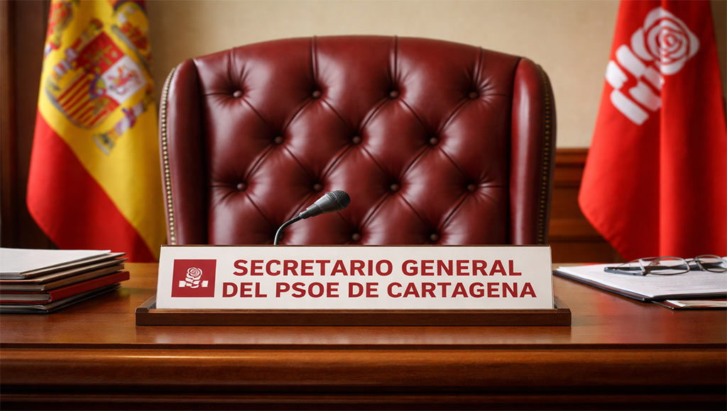 Sillón vacío en despacho institucional con un cartel que indica Secretario General del PSOE de Cartagena, símbolo del cargo de Manolo Torres García