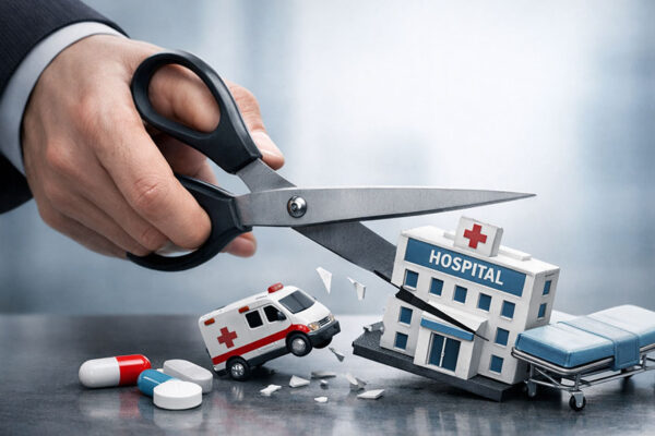 Mano con tijeras recortando un hospital en miniatura, junto a ambulancia, camilla y pastillas, simbolizando recortes en la sanidad pública de Murcia.