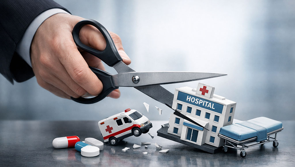 Mano con tijeras recortando un hospital en miniatura, junto a ambulancia, camilla y pastillas, simbolizando recortes en la sanidad pública de Murcia.