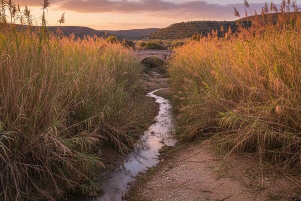 Recreación por inteligencia artificial de una rambla de Cartagena, en contexto de limpieza y mantenimiento de cauces por la CHS ante riesgo de inundaciones.