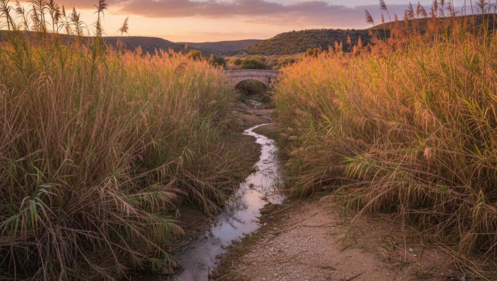 Recreación por inteligencia artificial de una rambla de Cartagena, en contexto de limpieza y mantenimiento de cauces por la CHS ante riesgo de inundaciones.