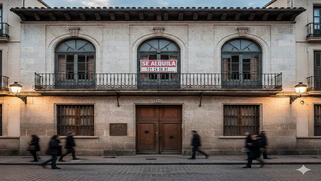 Casa antigua y monumental de dos plantas con grandes cristaleras y cartel de Se alquila en la fachada, personas caminando por la calle