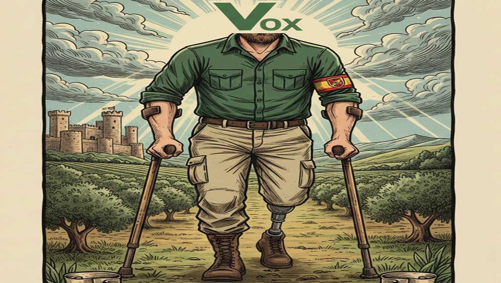 Ilustración satírica de Vox en Beniaján representado por un hombre con muletas y una pierna amputada, simbolizando la falta de representación en la Junta Municipal.