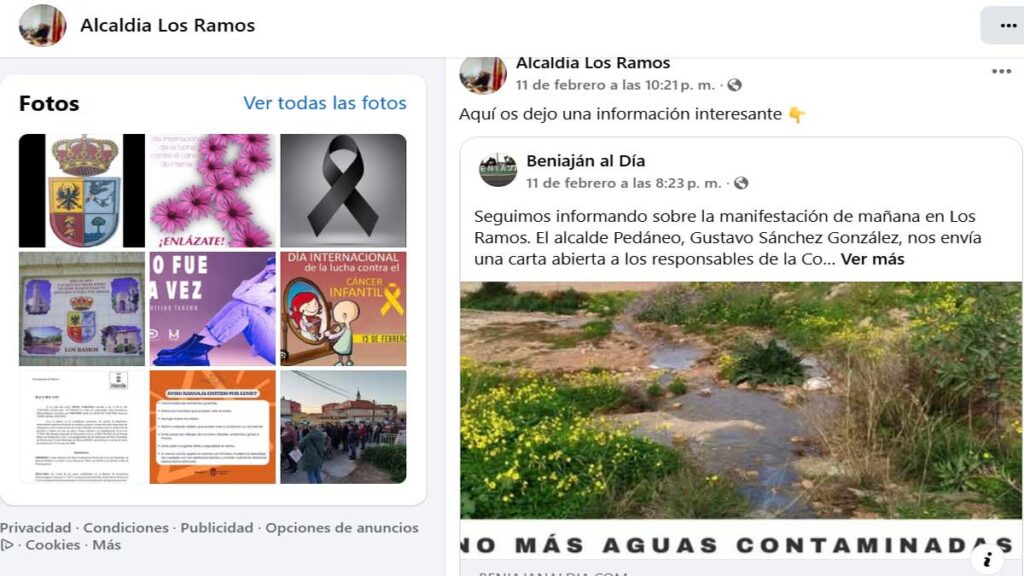 Captura de pantalla con la publicación en el perfil oficial de Facebook de la alcaldía de Los Ramos, Murcia, de una noticia de Beniaján al Día.