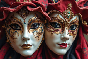 Dos personas con máscaras y trajes rojos durante los Carnavales de Beniaján 2026, mostrando tradición y dramatismo en la celebración.