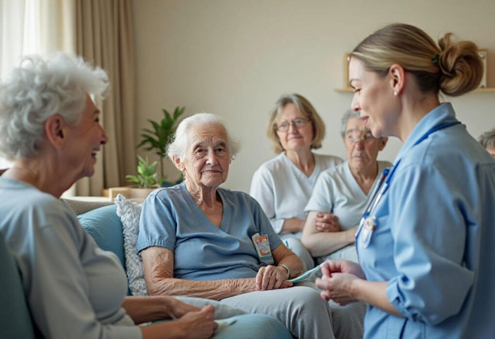 Grupo de personas mayores en un centro de día del Ayuntamiento de Murcia con una enfermera supervisando actividades de atención y cuidado.