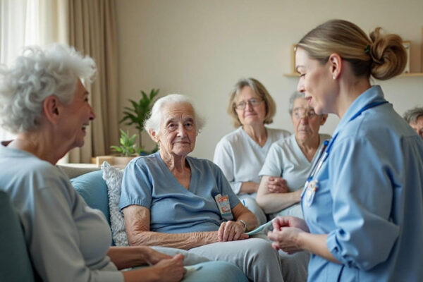 Grupo de personas mayores en un centro de día del Ayuntamiento de Murcia con una enfermera supervisando actividades de atención y cuidado.
